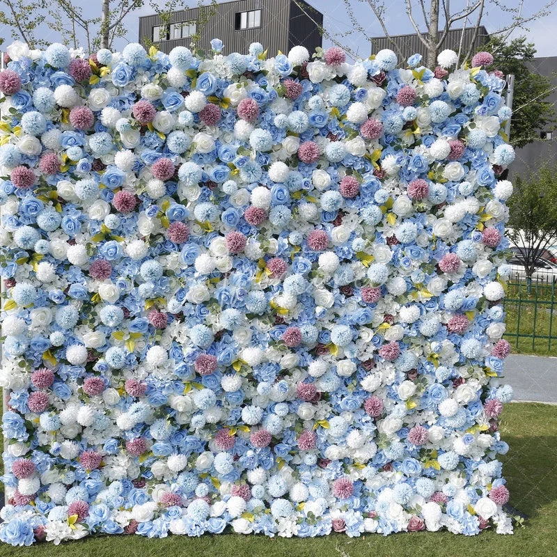 Aperturee - Aperturee Lush Light Blue and White Artificial Flower Wall with Pink Roses and Hydrangeas Elegant Event Decor for Parties