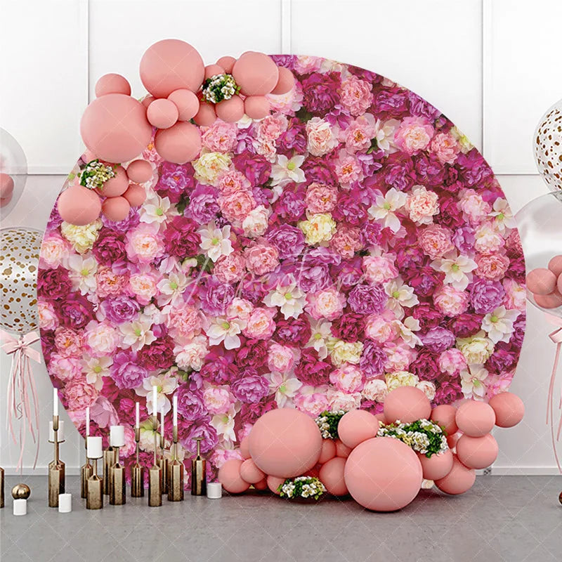 Aperturee - Aperturee Lush Pink and Cream Floral Wall Round Backdrop Elegant Peony and Rose Flowers for Wedding Decor