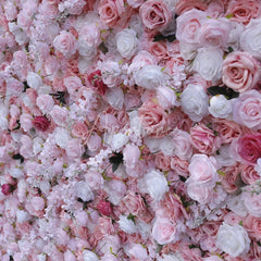 Aperturee - Aperturee Lush Pink and White Rose Artificial Flower Wall Backdrop Elegant Romantic Wedding and Event Party Decor