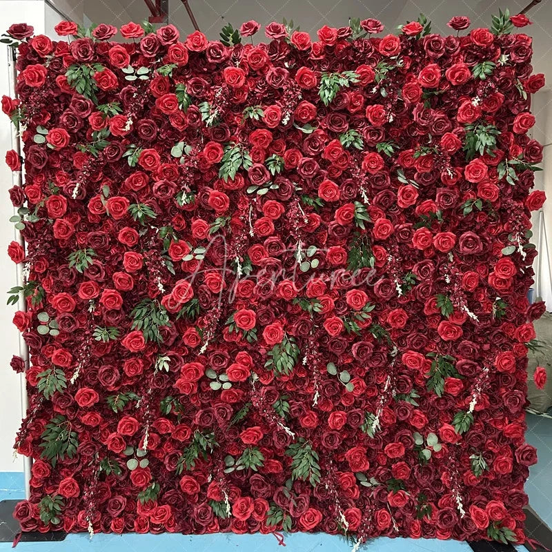 Aperturee - Aperturee Lush Red Rose Artificial Flower Wall with Green Leaves Elegant Romantic Wedding and Party Backdrop Decor