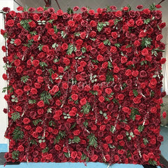 Aperturee - Aperturee Lush Red Rose Artificial Flower Wall with Green Leaves Elegant Romantic Wedding and Party Backdrop Decor