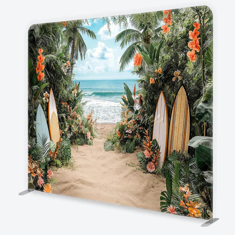 Aperturee - Aperturee Lush Tropical Beach and Ocean Square Double-Sided Backdrop with Vibrant Flowers Palm Trees and Surfboards
