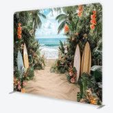 Aperturee - Aperturee Lush Tropical Beach and Ocean Square Double-Sided Backdrop with Vibrant Flowers Palm Trees and Surfboards