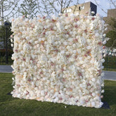 Aperturee - Aperturee Lush White and Pink Artificial Flower Wall Elegant Roses and Orchids Backdrop for Wedding and Party Decor