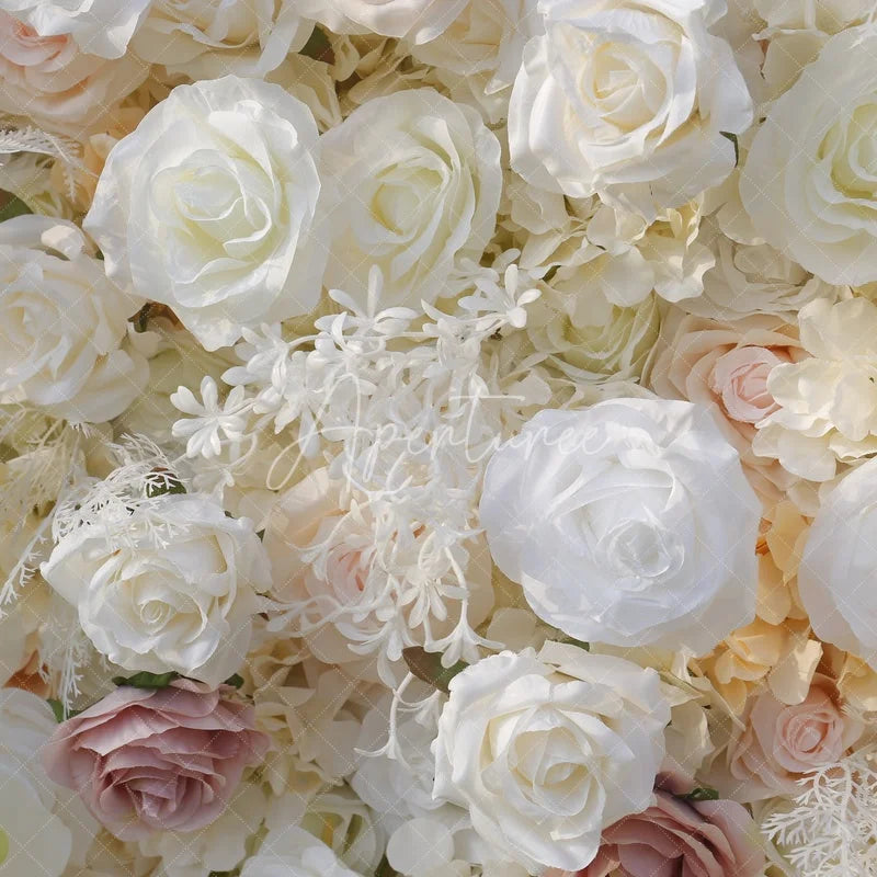 Aperturee - Aperturee Lush White and Pink Artificial Flower Wall Elegant Roses and Orchids Backdrop for Wedding and Party Decor