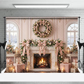 Aperturee - Aperturee Luxurious Blush Pink and Gold Christmas Fireplace Backdrop with Snowy Window Elegant Holiday Party Decor