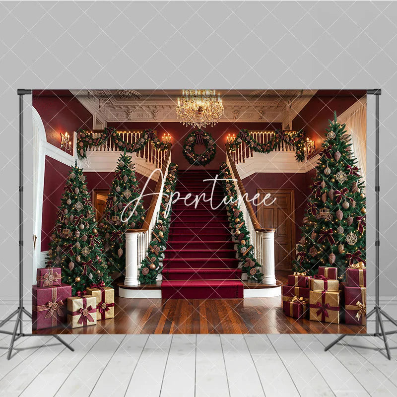 Aperturee - Aperturee Luxurious Christmas Holiday Backdrop with Grand Staircase Red Carpet Decorated Trees and Festive Garlands.