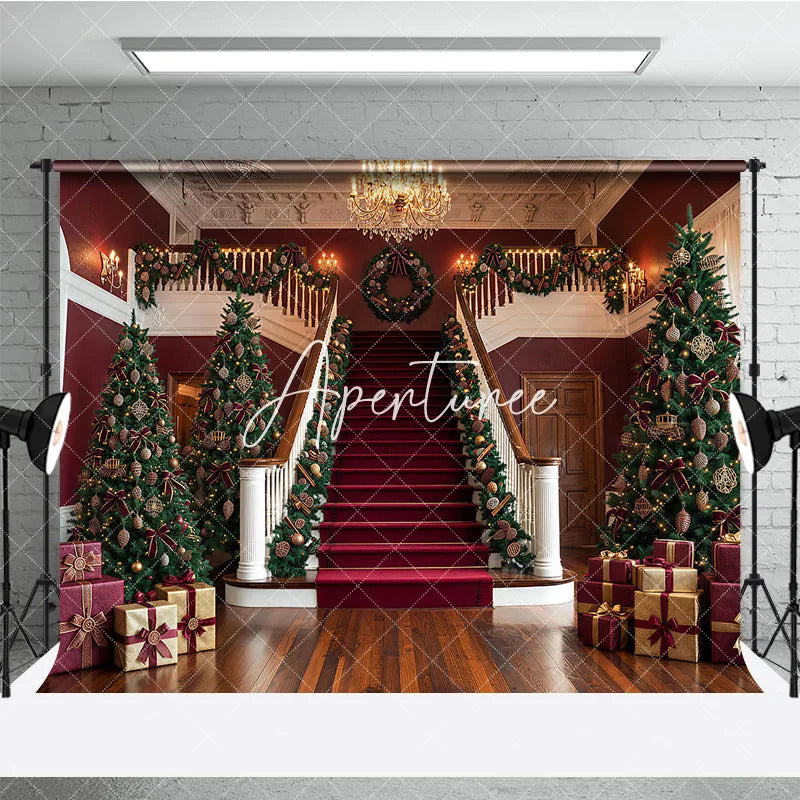 Aperturee - Aperturee Luxurious Christmas Holiday Backdrop with Grand Staircase Red Carpet Decorated Trees and Festive Garlands.