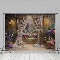 Aperturee - Aperturee Luxurious Floral Photography Backdrop with Elegant Beige Curtains Romantic Flowers and Sparkling Chandeliers