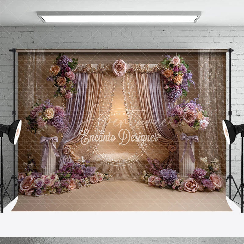 Aperturee - Aperturee Luxurious Gold and Lavender Drapes Photography Backdrop Elegant Floral Arrangements for Portraits