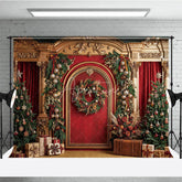 Aperturee - Aperturee Luxurious Golden Arch Red Velvet Christmas Trees Holiday Backdrop Festive Garlands and Wreath Decor