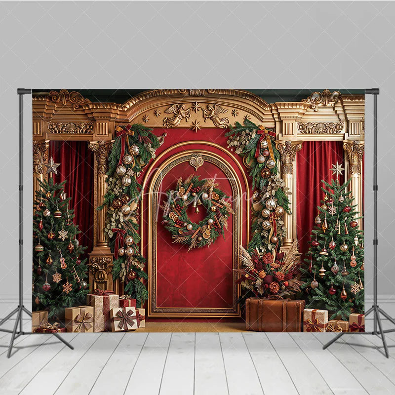 Aperturee - Aperturee Luxurious Golden Arch Red Velvet Christmas Trees Holiday Backdrop Festive Garlands and Wreath Decor