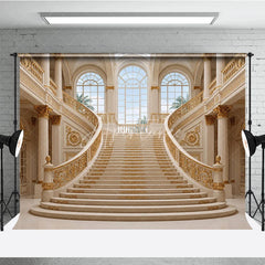 Aperturee - Aperturee Luxurious Grand Palace Gold Double Staircase Photography Backdrop Elegant Architectural Interior Scene for Photo