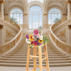 Aperturee - Aperturee Luxurious Grand Palace Gold Double Staircase Photography Backdrop Elegant Architectural Interior Scene for Photo