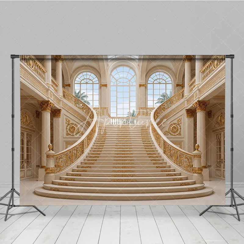 Aperturee - Aperturee Luxurious Grand Palace Gold Double Staircase Photography Backdrop Elegant Architectural Interior Scene for Photo