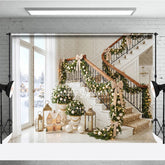 Aperturee - Aperturee Luxurious Grand Staircase Holiday Backdrop with Festive Garlands Warm Lights and Snowy Winter Scene