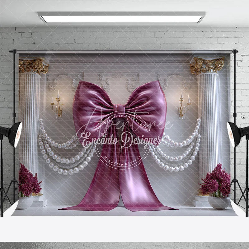 Aperturee - Aperturee Luxurious Magenta Bow and Pearl Garland Photography Backdrop Elegant White Column and Floral Decor for Parties