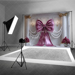 Aperturee - Aperturee Luxurious Magenta Bow and Pearl Garland Photography Backdrop Elegant White Column and Floral Decor for Parties