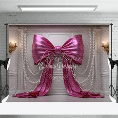 Aperturee - Aperturee Luxurious Pink Satin Bow and Pearl Photography Backdrop White Wall Panel for Birthday Party Decor