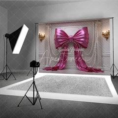 Aperturee - Aperturee Luxurious Pink Satin Bow and Pearl Photography Backdrop White Wall Panel for Birthday Party Decor