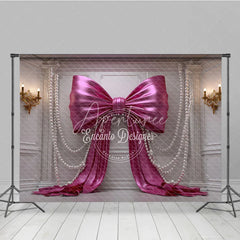 Aperturee - Aperturee Luxurious Pink Satin Bow and Pearl Photography Backdrop White Wall Panel for Birthday Party Decor