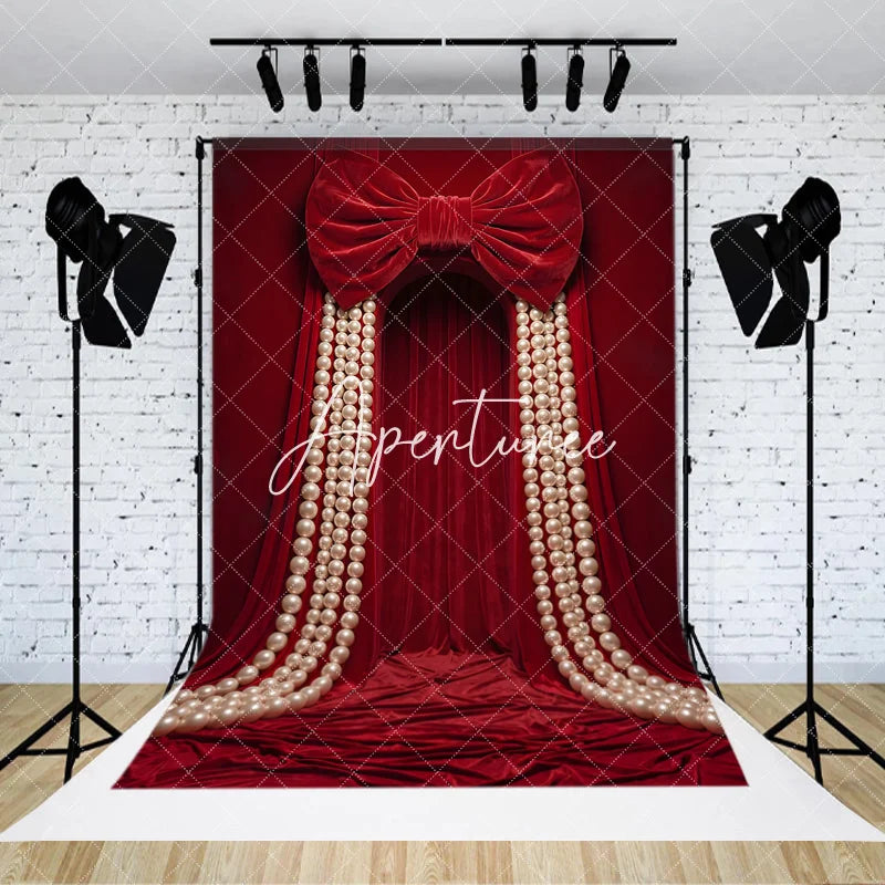 Aperturee - Aperturee Luxurious Red Velvet Curtain Photography Backdrop with Large Bow and Cascading Pearl Strings Elegant Party Decor