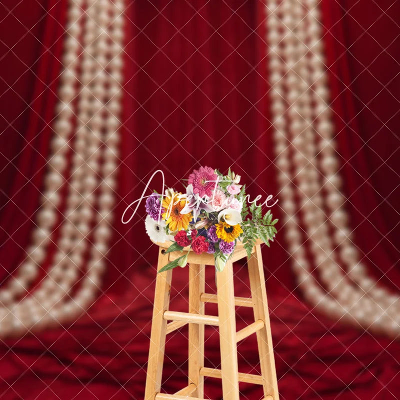 Aperturee - Aperturee Luxurious Red Velvet Curtain Photography Backdrop with Large Bow and Cascading Pearl Strings Elegant Party Decor