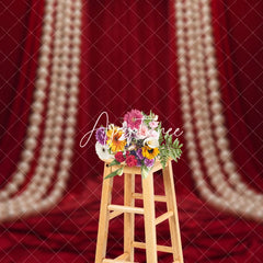 Aperturee - Aperturee Luxurious Red Velvet Curtain Photography Backdrop with Large Bow and Cascading Pearl Strings Elegant Party Decor