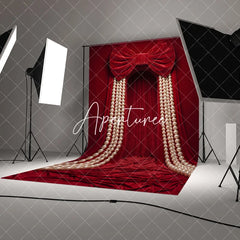 Aperturee - Aperturee Luxurious Red Velvet Curtain Photography Backdrop with Large Bow and Cascading Pearl Strings Elegant Party Decor