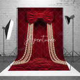 Aperturee - Aperturee Luxurious Red Velvet Curtain Photography Backdrop with Large Bow and Cascading Pearl Strings Elegant Party Decor
