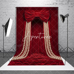 Aperturee - Aperturee Luxurious Red Velvet Curtain Photography Backdrop with Large Bow and Cascading Pearl Strings Elegant Party Decor