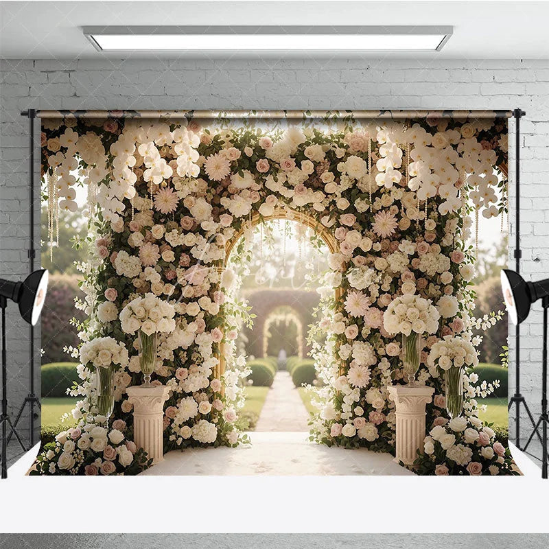 Aperturee - Aperturee Luxurious White and Pink Floral Golden Arch Wedding Photography Backdrop Romantic Garden Ceremony Decor with Pearls