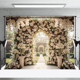 Aperturee - Aperturee Luxurious White and Pink Floral Golden Arch Wedding Photography Backdrop Romantic Garden Ceremony Decor with Pearls