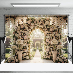 Aperturee - Aperturee Luxurious White and Pink Floral Golden Arch Wedding Photography Backdrop Romantic Garden Ceremony Decor with Pearls