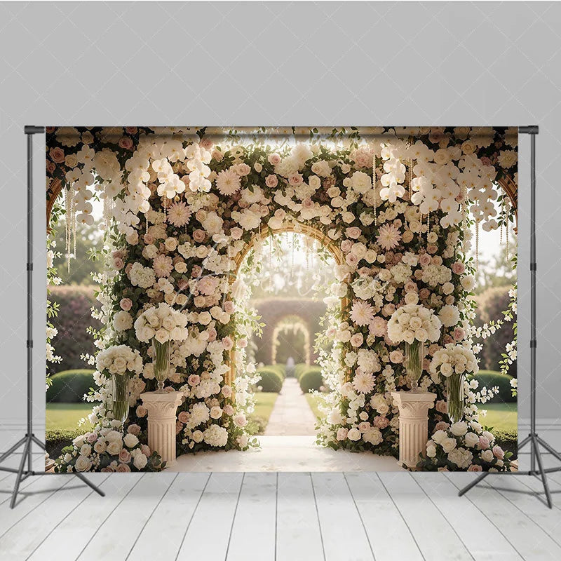 Aperturee - Aperturee Luxurious White and Pink Floral Golden Arch Wedding Photography Backdrop Romantic Garden Ceremony Decor with Pearls