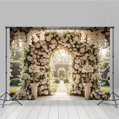 Aperturee - Aperturee Luxurious White and Pink Floral Golden Arch Wedding Photography Backdrop Romantic Garden Ceremony Decor with Pearls