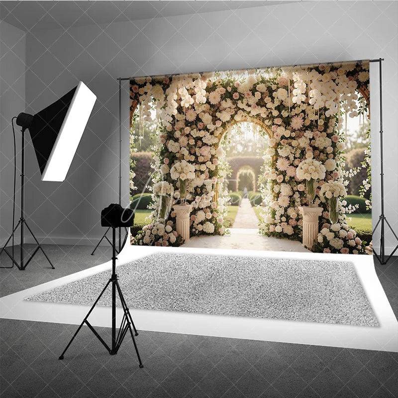 Aperturee - Aperturee Luxurious White and Pink Floral Golden Arch Wedding Photography Backdrop Romantic Garden Ceremony Decor with Pearls