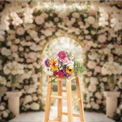 Aperturee - Aperturee Luxurious White and Pink Floral Golden Arch Wedding Photography Backdrop Romantic Garden Ceremony Decor with Pearls