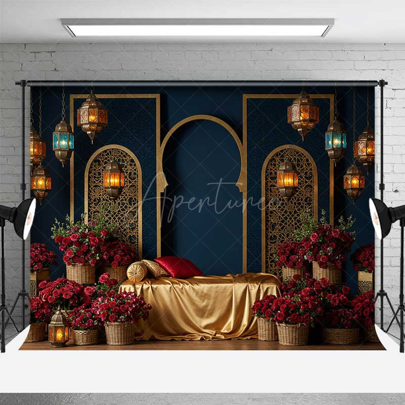 Aperturee Aperturee Luxury Arabian Nights Photography Backdrop Moroccan Arch and Lanterns with Red Roses Elegant Wedding Photo Prop