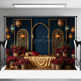 Aperturee Aperturee Luxury Arabian Nights Photography Backdrop Moroccan Arch and Lanterns with Red Roses Elegant Wedding Photo Prop