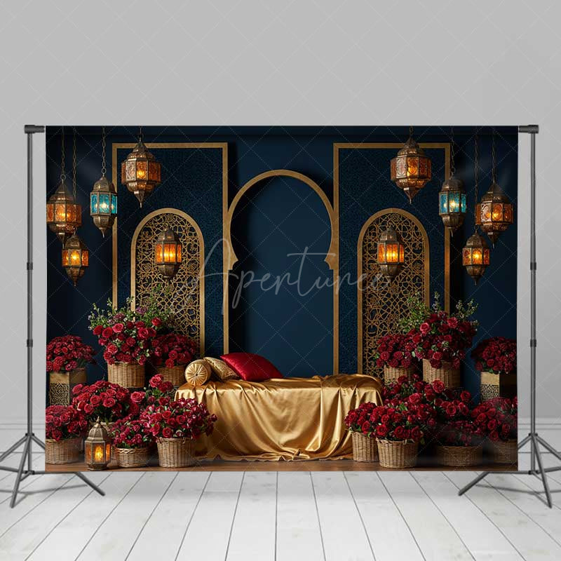 Aperturee Aperturee Luxury Arabian Nights Photography Backdrop Moroccan Arch and Lanterns with Red Roses Elegant Wedding Photo Prop