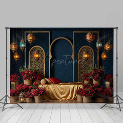 Aperturee Aperturee Luxury Arabian Nights Photography Backdrop Moroccan Arch and Lanterns with Red Roses Elegant Wedding Photo Prop