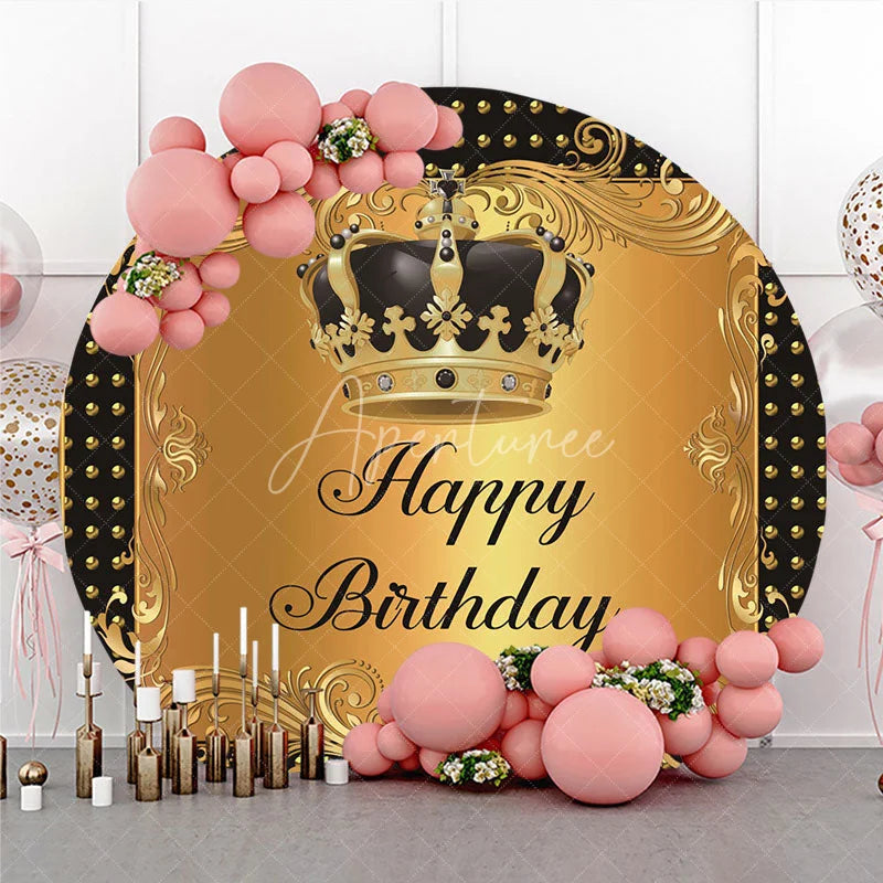 Aperturee - Aperturee Luxury Black Gold Crown Happy Birthday Round Backdrop Royal Filigree Party Decoration for Celebration