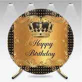 Aperturee - Aperturee Luxury Black Gold Crown Happy Birthday Round Backdrop Royal Filigree Party Decoration for Celebration
