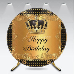 Aperturee - Aperturee Luxury Black Gold Crown Happy Birthday Round Backdrop Royal Filigree Party Decoration for Celebration