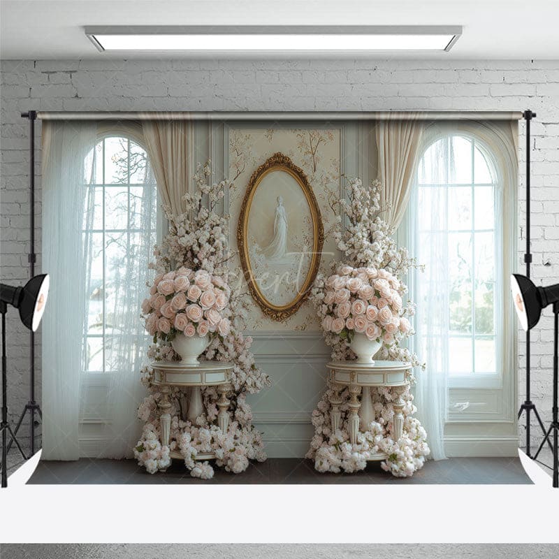 Aperturee - Aperturee Luxury Blue Window Floral Wedding Room Set Backdrop