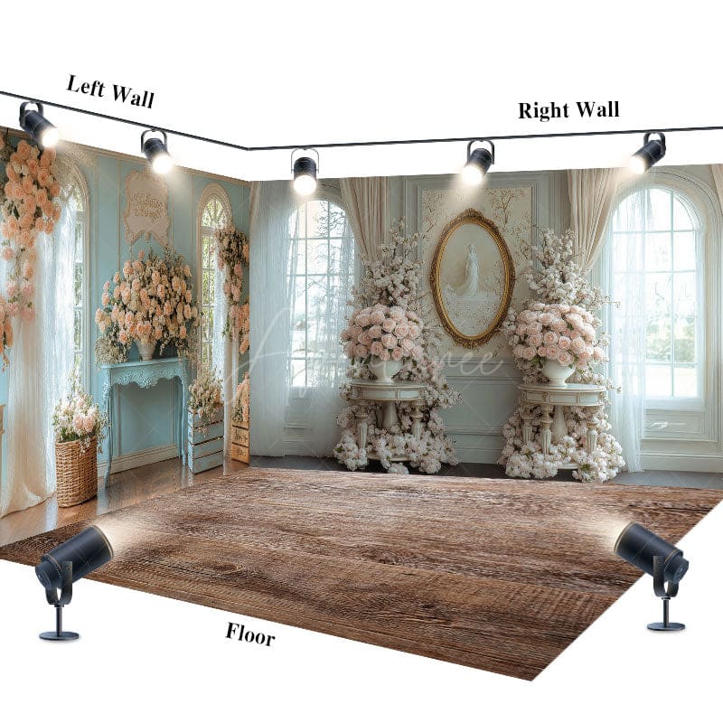 Aperturee - Aperturee Luxury Blue Window Floral Wedding Room Set Backdrop
