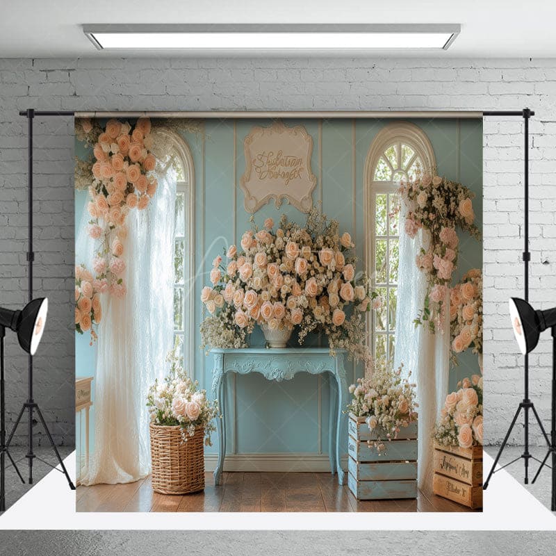 Aperturee - Aperturee Luxury Blue Window Floral Wedding Room Set Backdrop