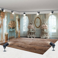 Aperturee - Aperturee Luxury Blue Window Floral Wedding Room Set Backdrop