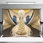 Aperturee - Aperturee Luxury Christmas Backdrop Grand Staircase White Tree Photography Background Mansion Interior Holiday Party Decoration